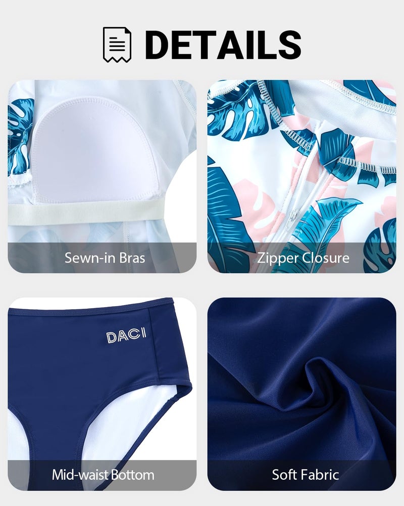 Daci Women Pink Blue 2 Piece Rash Guard Long Sleeve Zipper Bathing Suit with Bottom Built in Bra Swimsuit UPF 50 XXL - Image 5